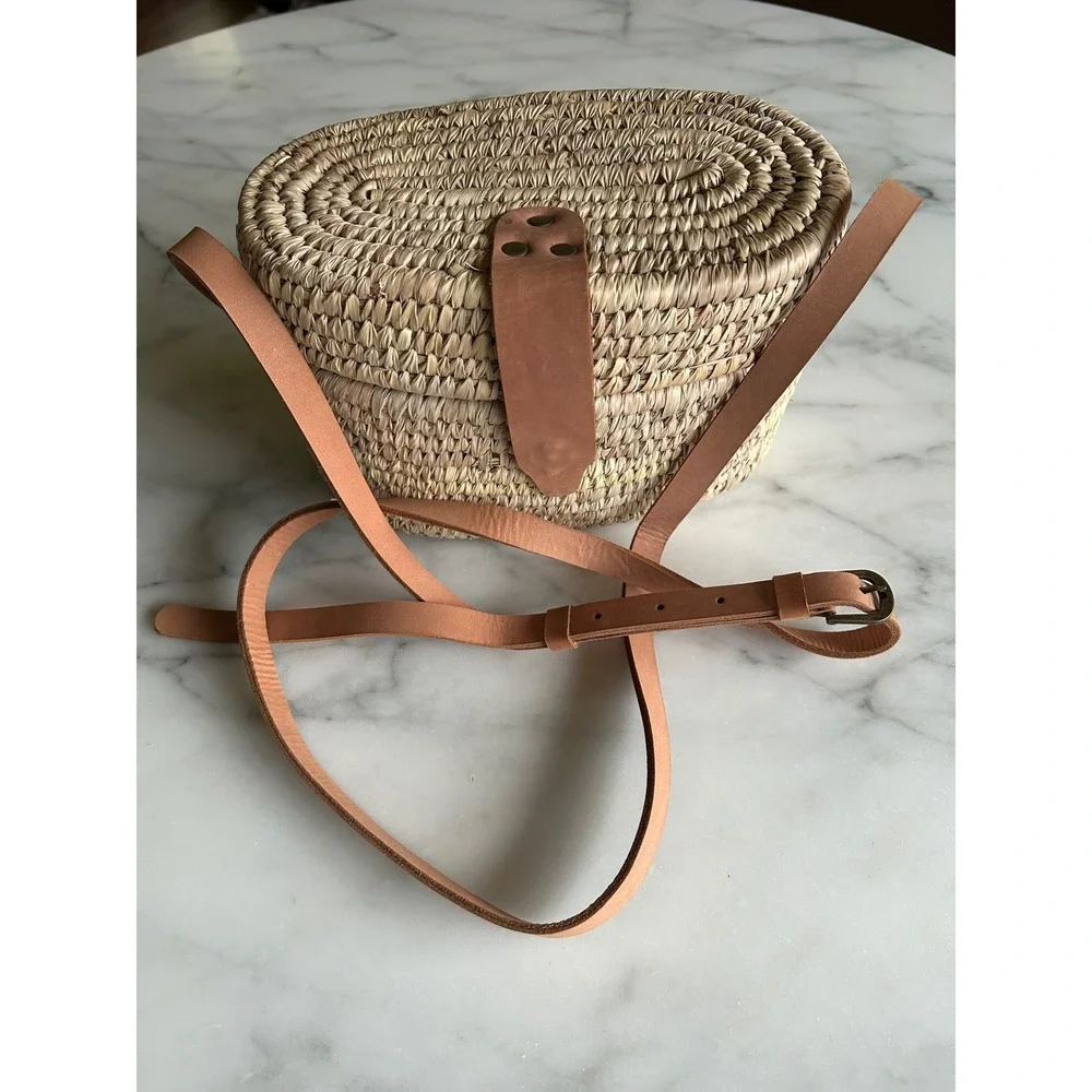 Ten Thousand Villages Woven Straw Crossbody Purse Tan Leather Trim Bangladesh - Picture 14 of 16